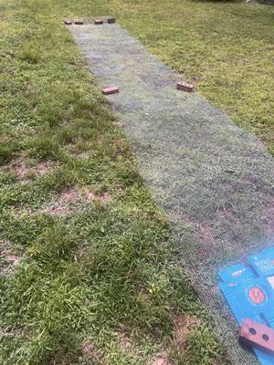 Hardware cloth laid out on the lawn, weighted with bricks, for new strawberry/garlic bed